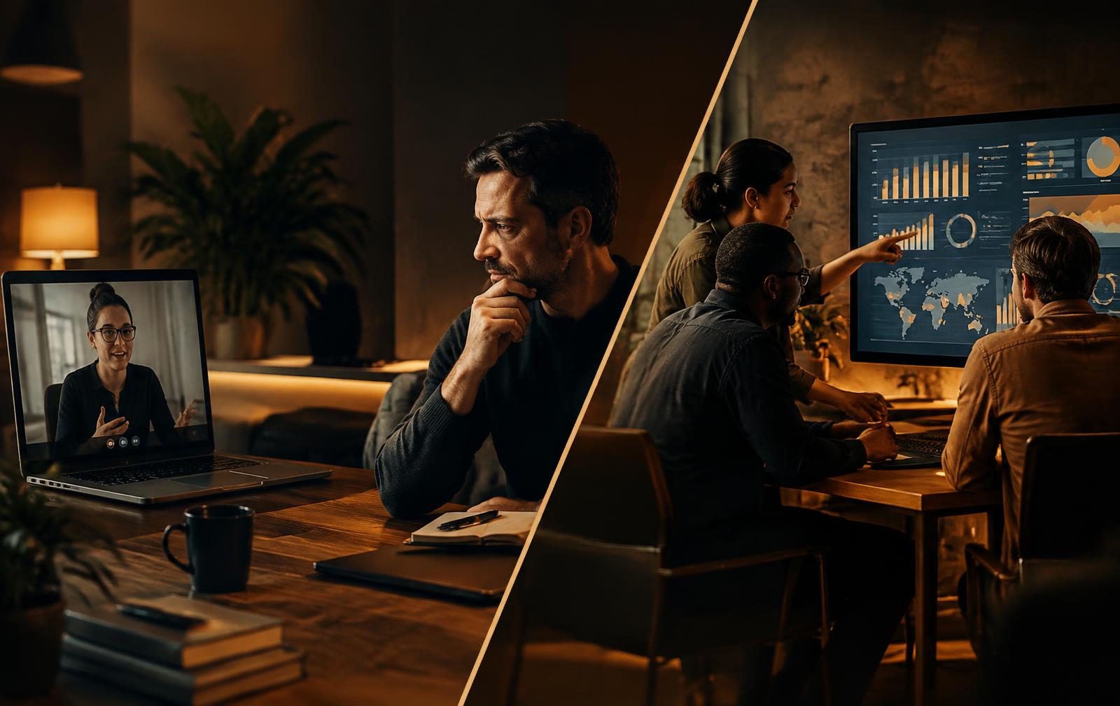 Coach comparing a solo freelancer on a video call with a marketing agency team