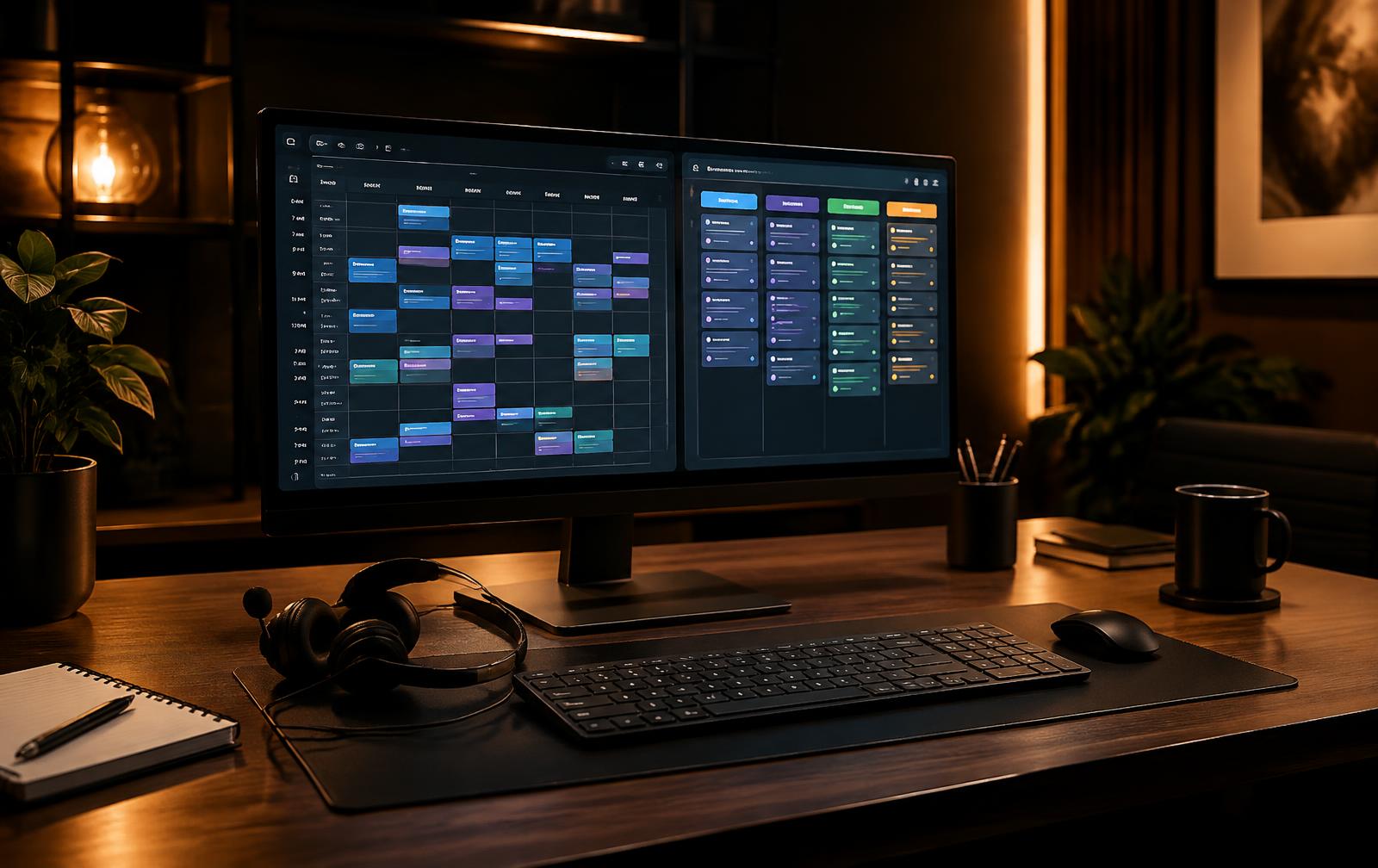 Sales desk with a booking calendar full of sales calls and a CRM pipeline
