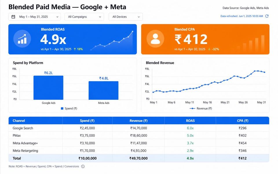 Looker Studio campaign screenshot — Blended Google + Meta — Monthly Report