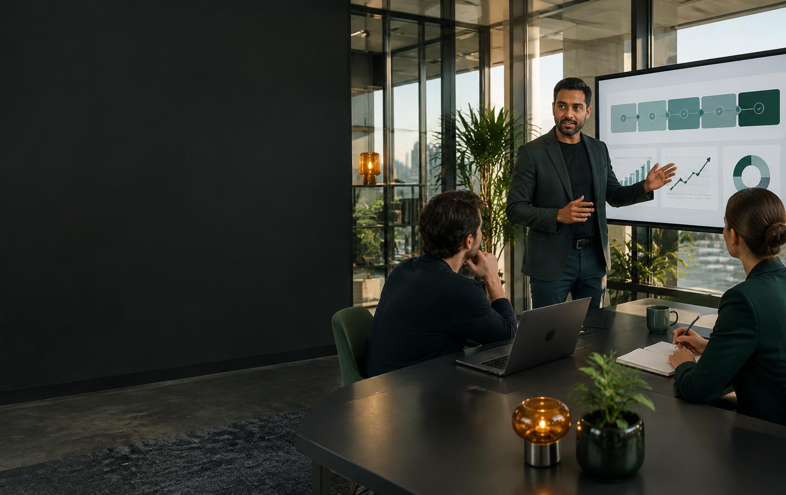 Business coach presenting a qualified lead-generation system to company founders