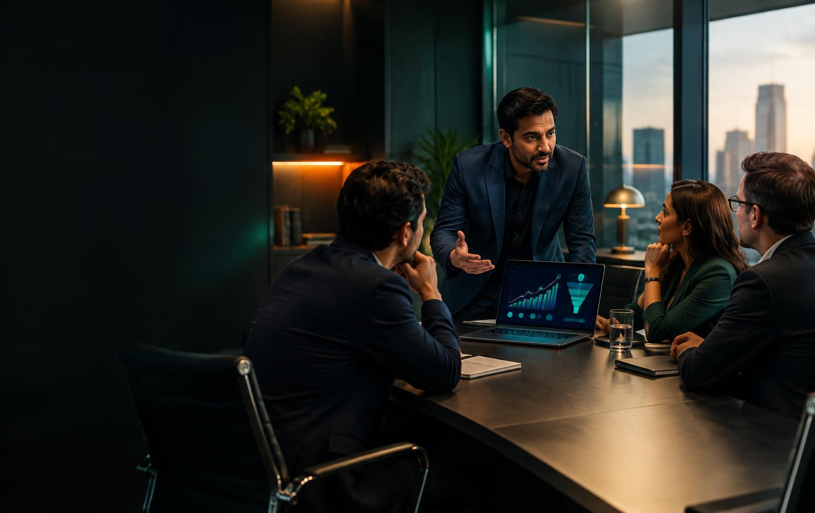 Business coach presenting a client acquisition strategy to founders and business owners