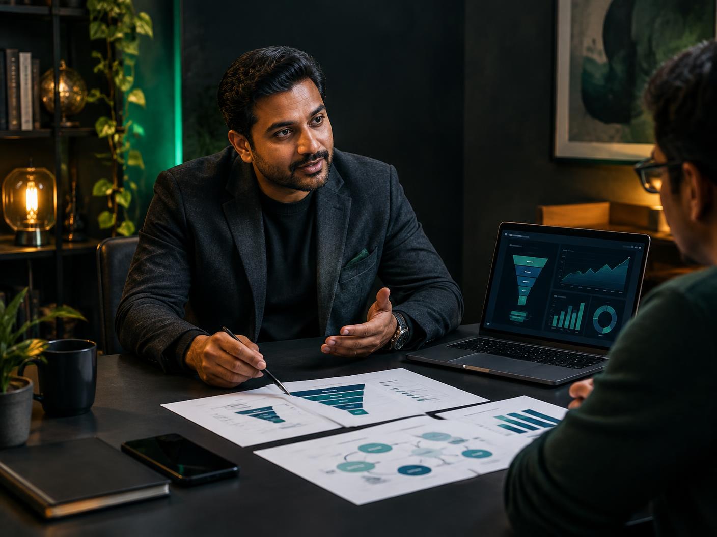Business coach and growth strategist reviewing a measurable client acquisition plan