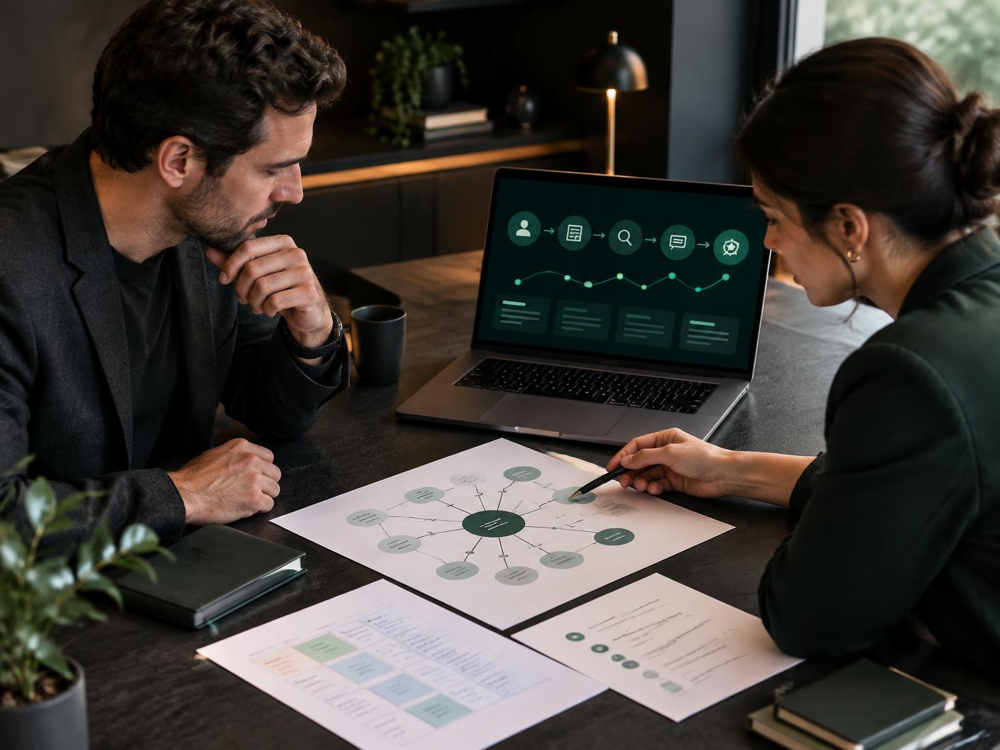 Business coach and strategist reviewing a search-to-enquiry authority map