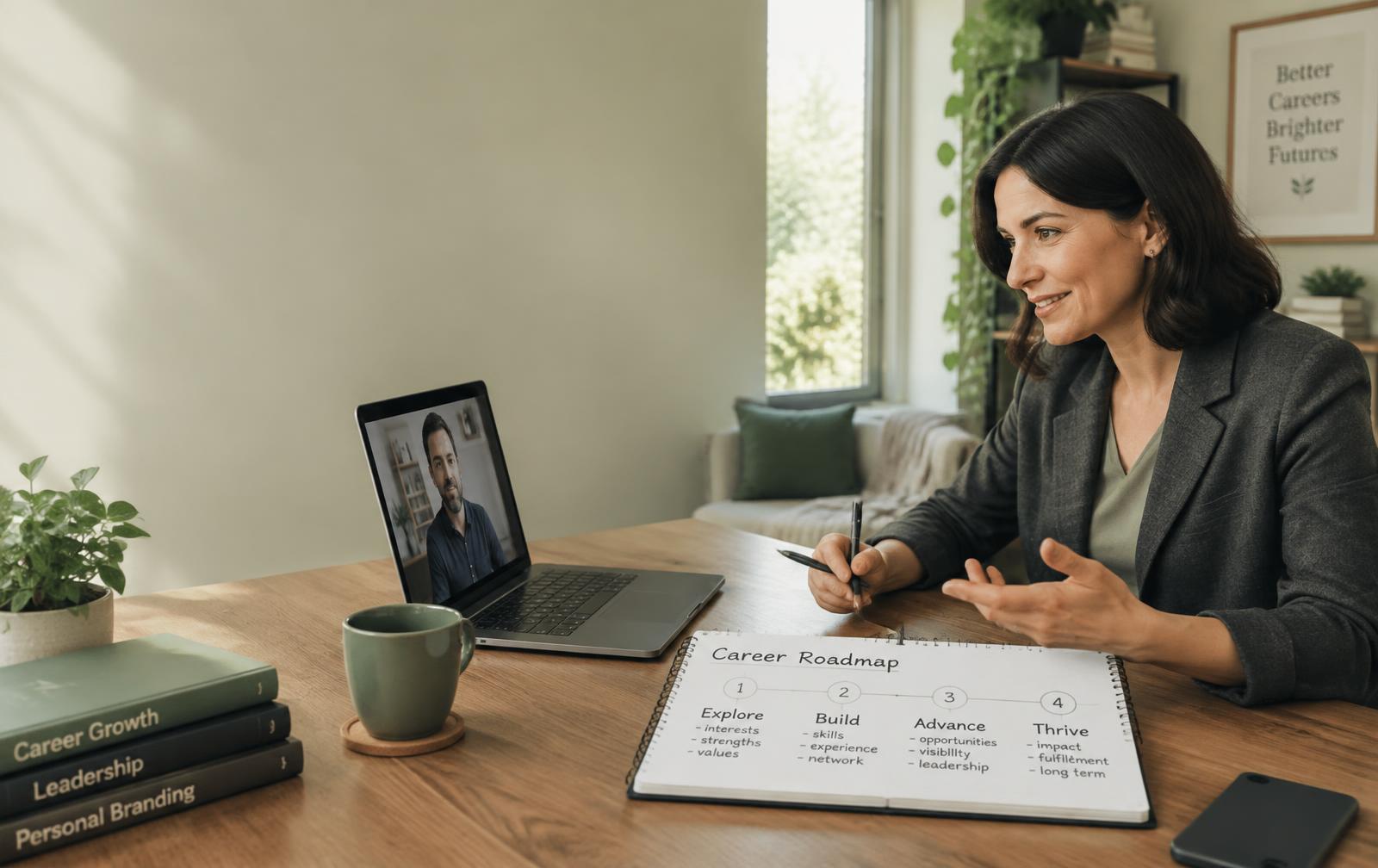 Career coach running a video consultation with a professional planning a career change