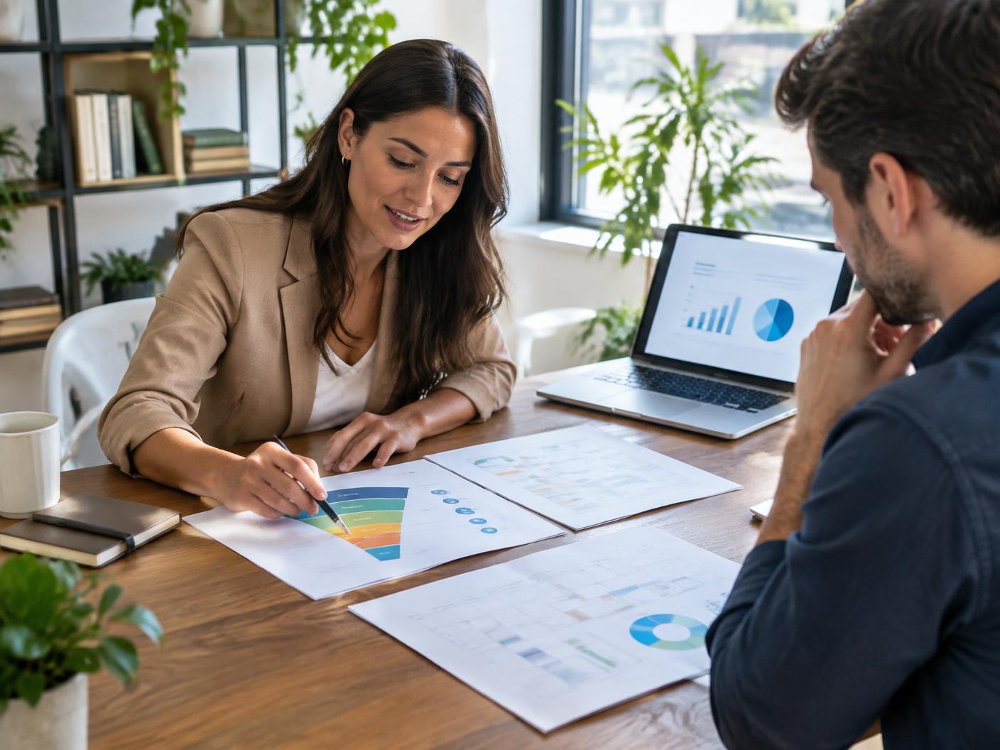 Strategist and career coach reviewing funnel diagrams and consultation bookings