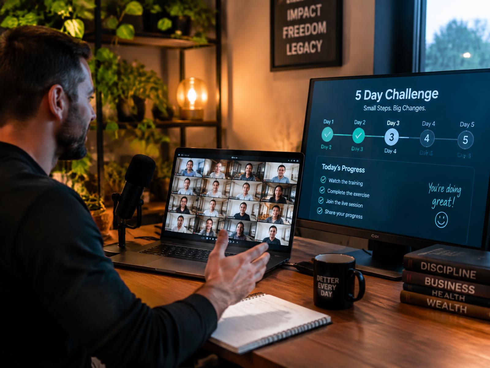 Coach hosting day three of a live five-day challenge with engaged participants on video