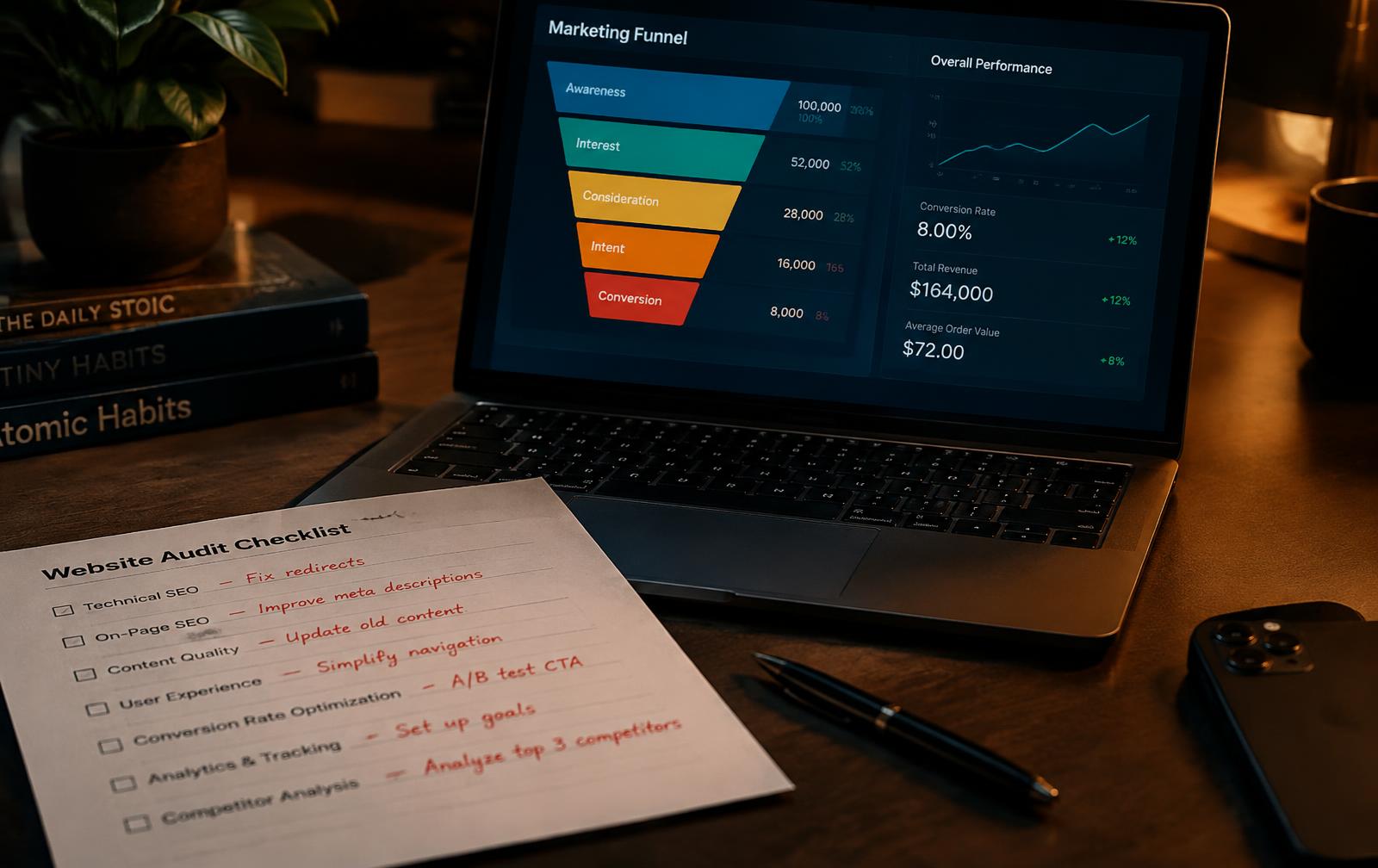 Coach's desk with funnel analytics and an annotated marketing audit checklist