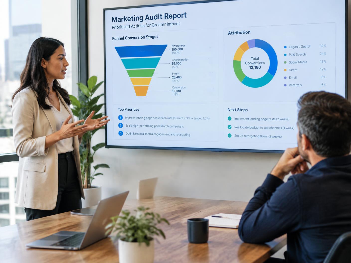 Strategist walking a coach through a prioritised marketing audit report