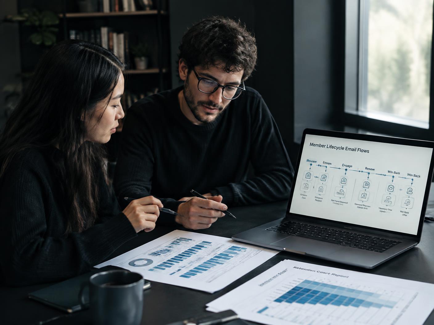 Strategists reviewing membership retention cohorts and lifecycle email flows