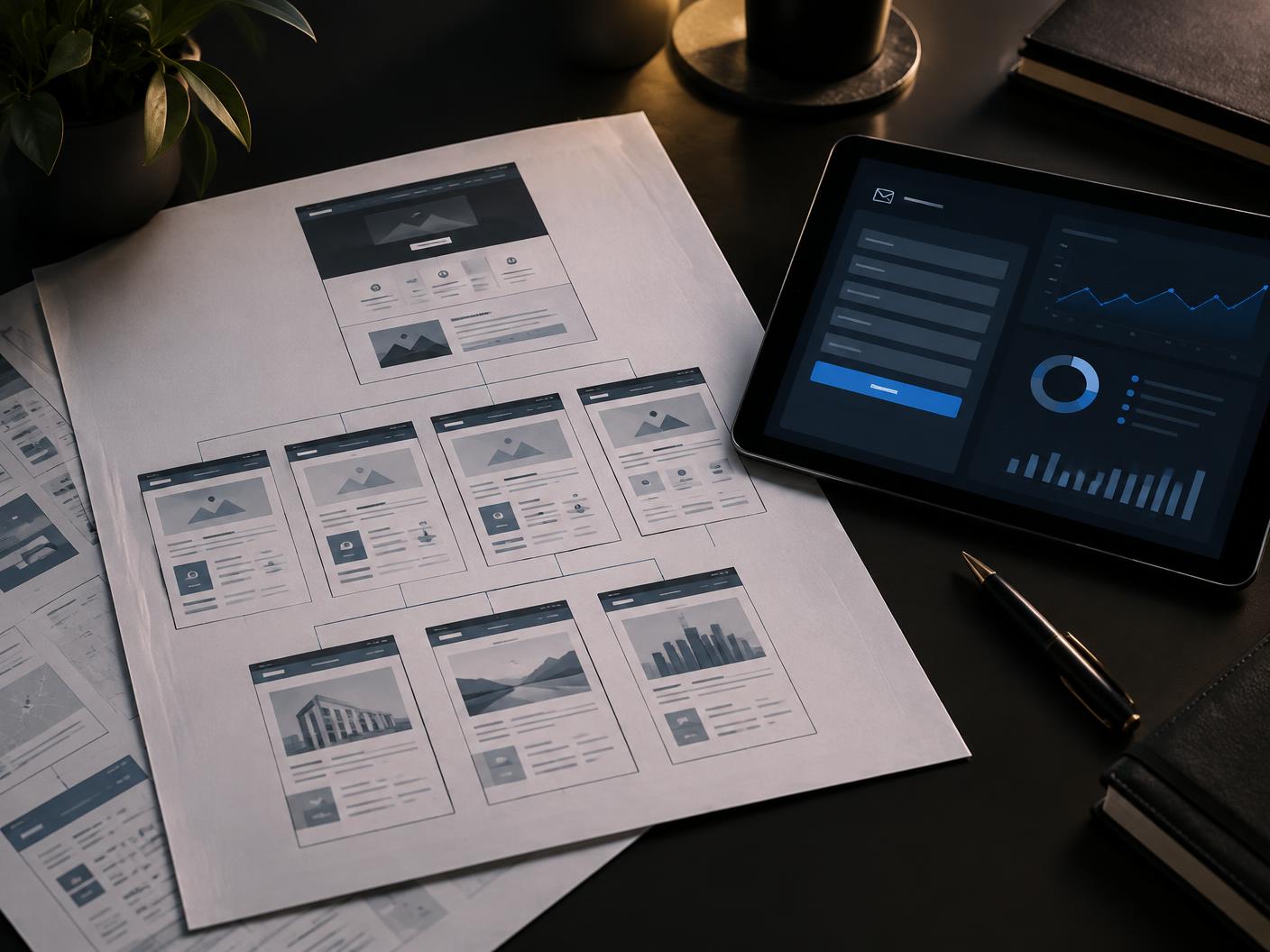 Consulting website sitemap wireframes beside a tablet showing an enquiry form and analytics