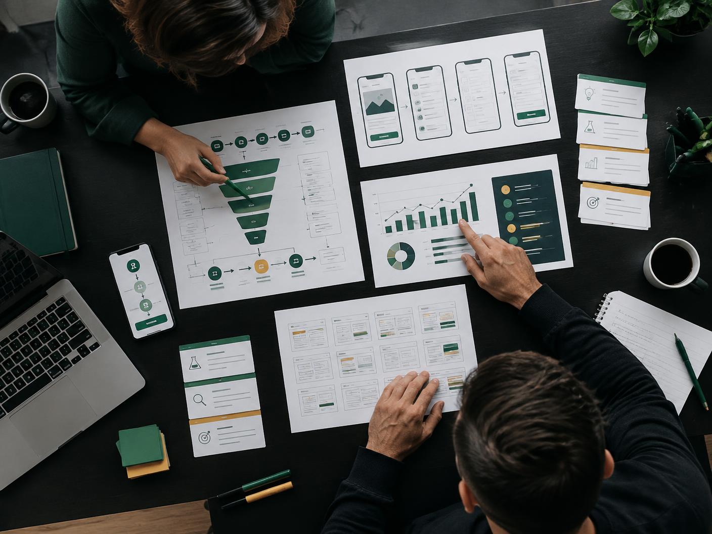 Conversion strategists reviewing a coach funnel map and experiment evidence