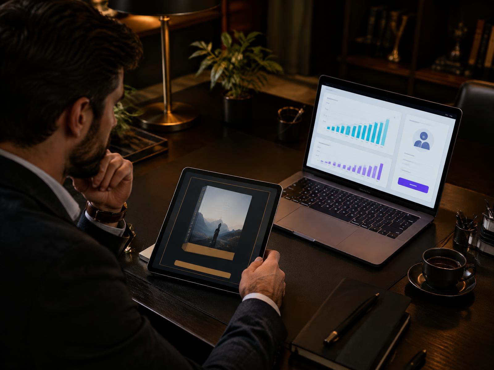 Consultant reviewing an ebook cover on a tablet beside a laptop showing download and lead growth