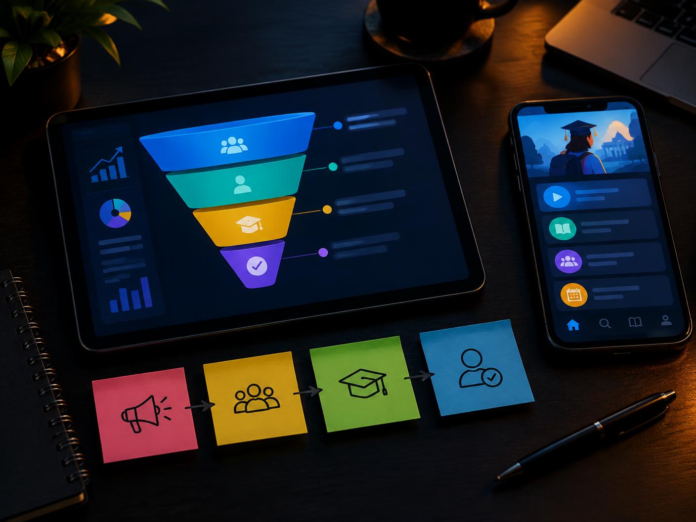 Tablet with a student acquisition funnel beside a learning app and sticky notes mapping ads to enrolment