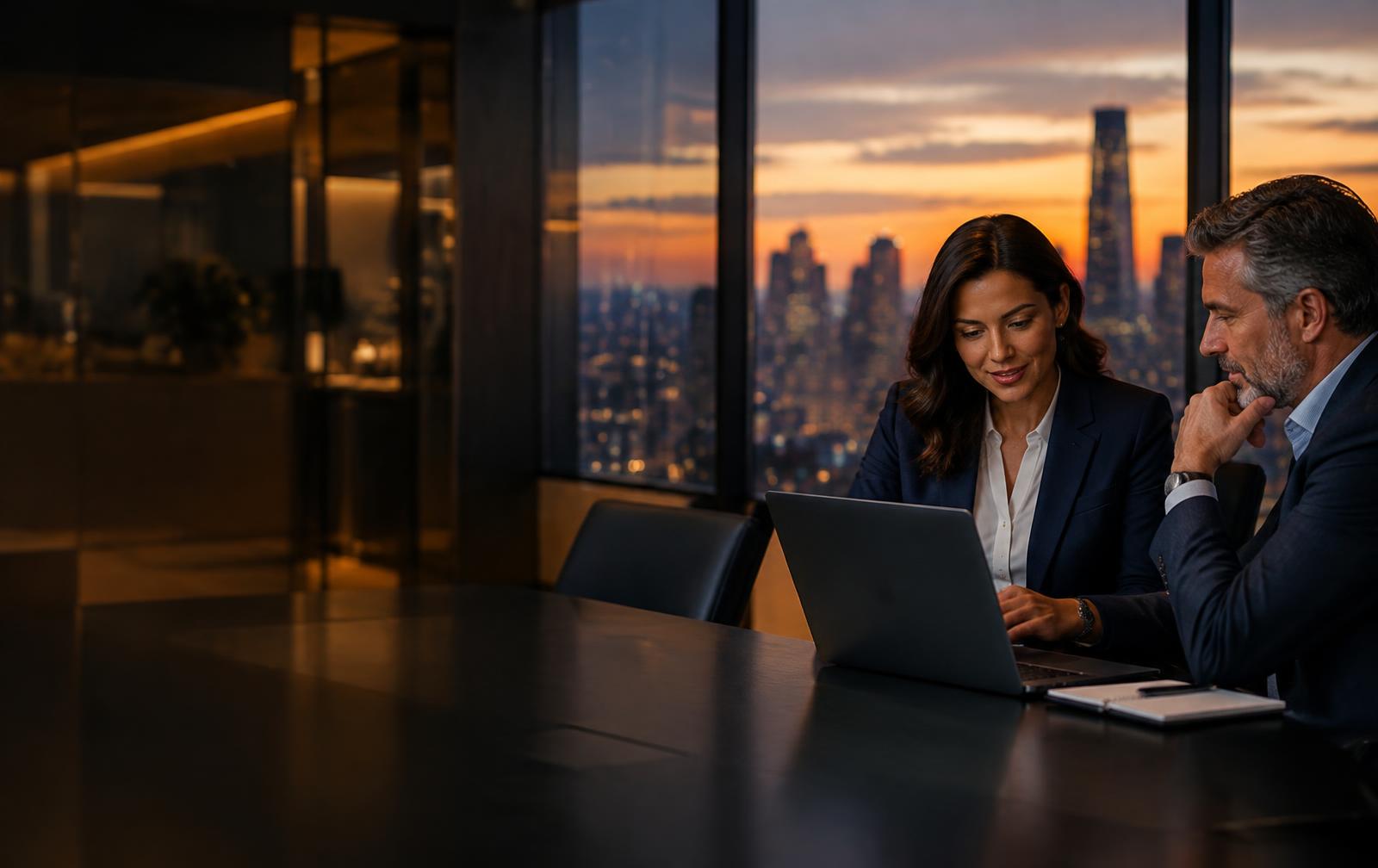 Executive coach reviewing a B2B client pipeline with a senior leader in a boardroom
