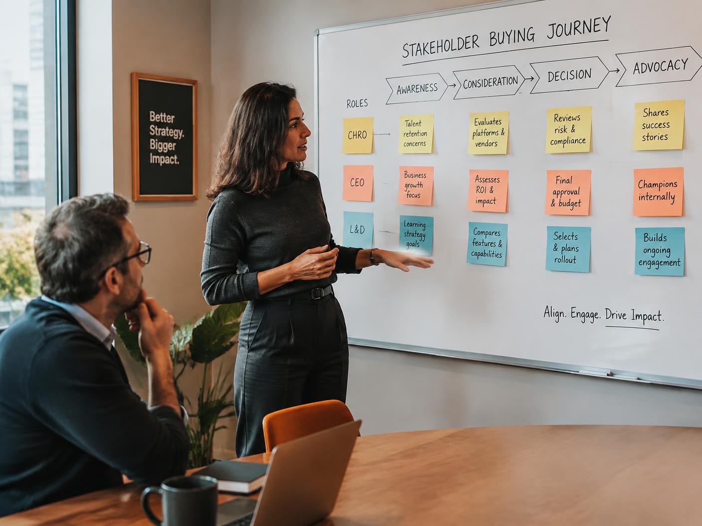 Strategist and executive coach mapping a stakeholder buying journey for CHRO, CEO and L&D buyers