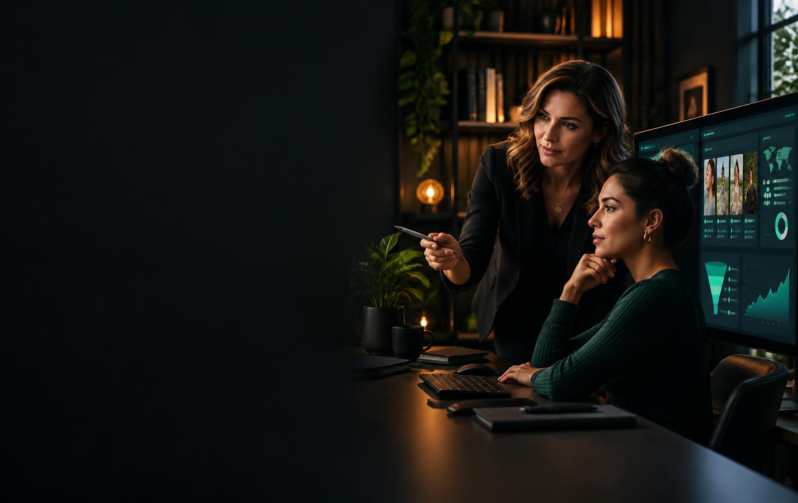 Life coach and paid-media strategist reviewing Facebook campaign creative and funnel performance