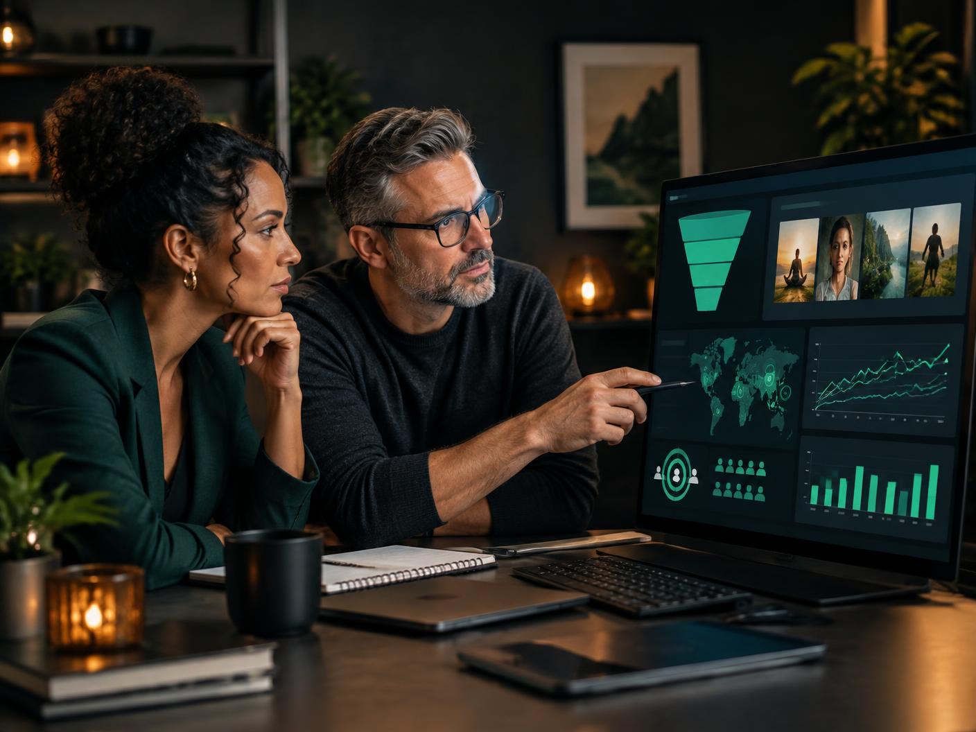 Life coach and strategist reviewing paid-social funnel evidence and conversion tracking
