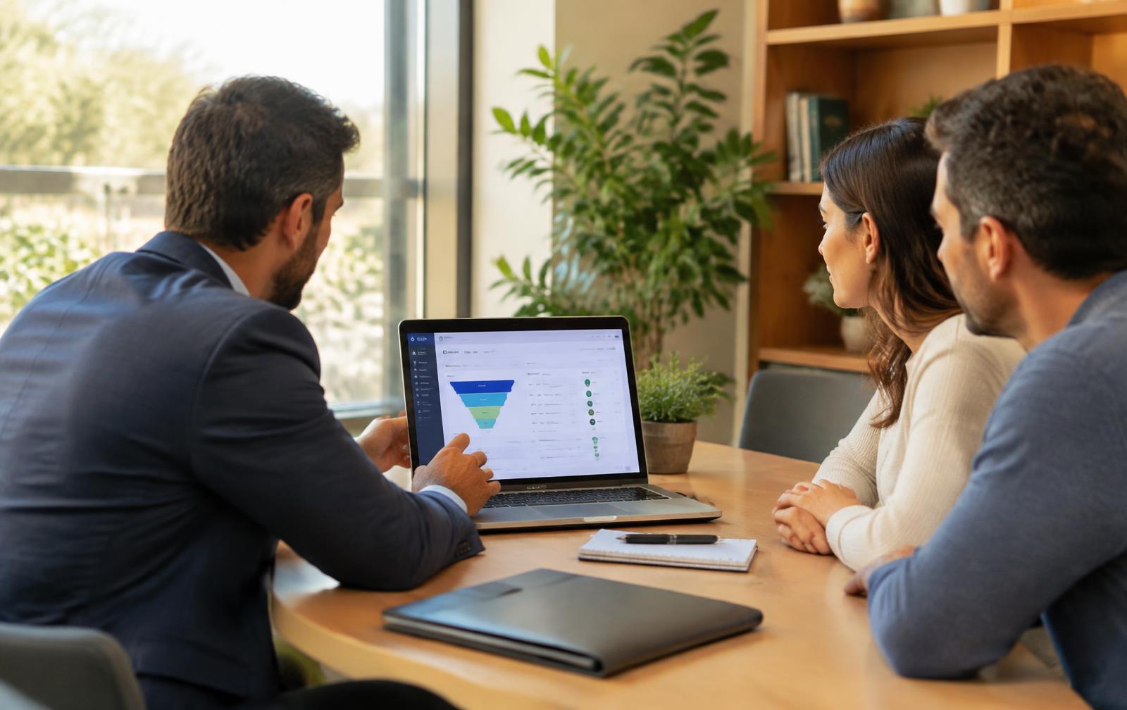 Financial advisor showing a couple a client acquisition dashboard in a modern office