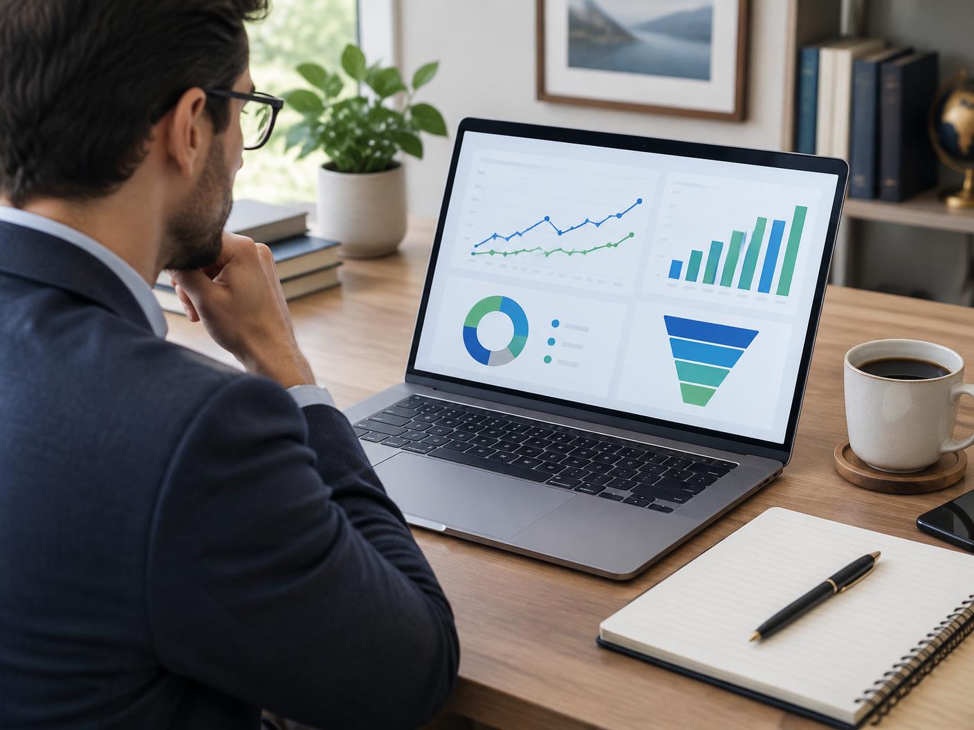 Financial advisor reviewing enquiry sources and meeting reports on a laptop