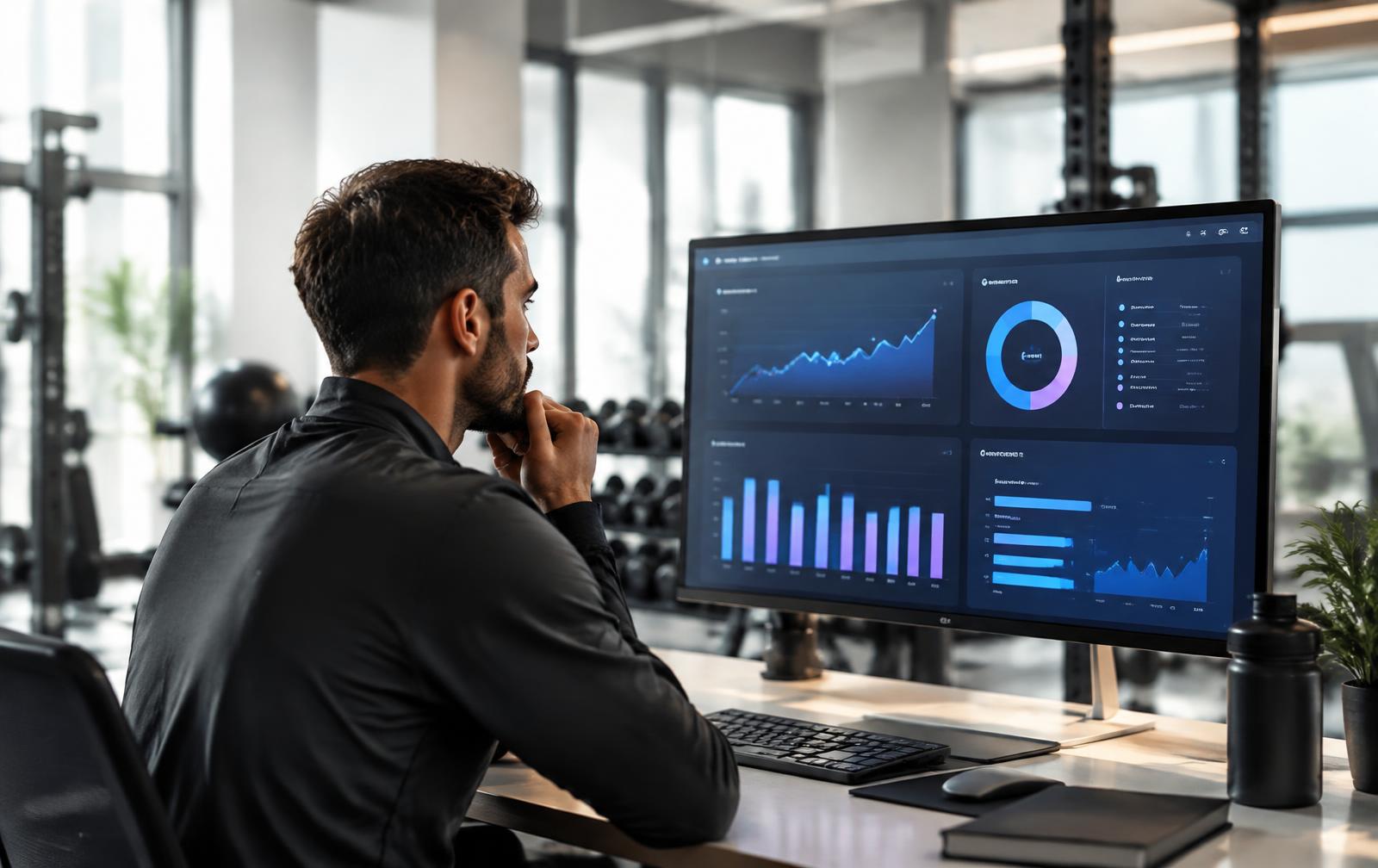 Fitness coach reviewing client acquisition and retention performance on a dashboard