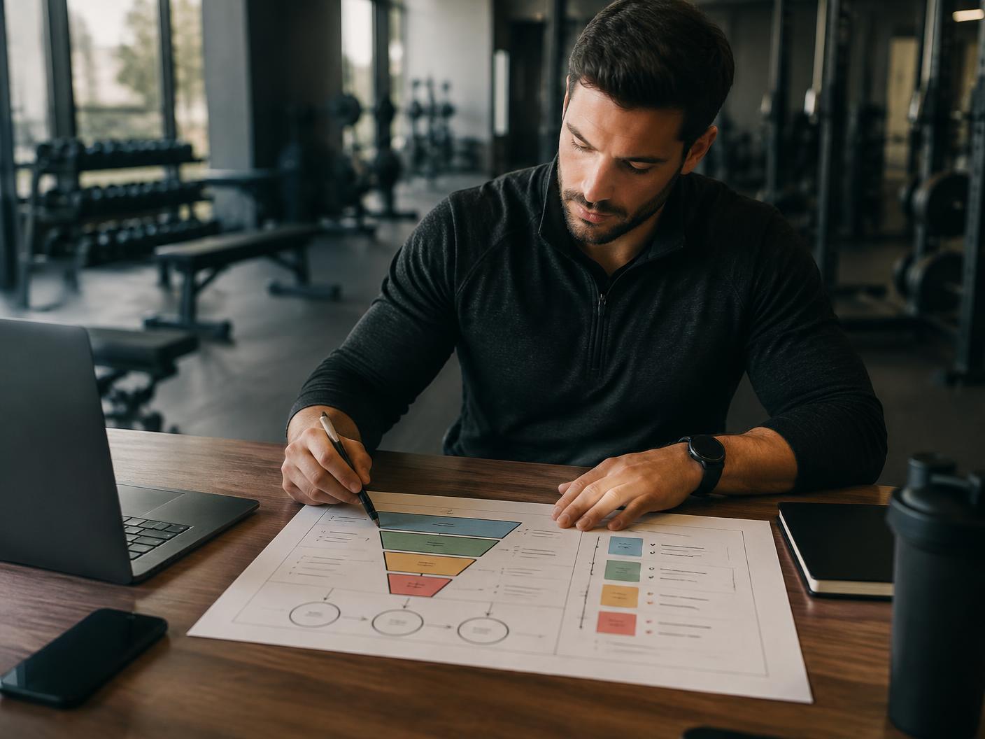 Strategist and fitness coach mapping an acquisition funnel with programme pricing and retention notes