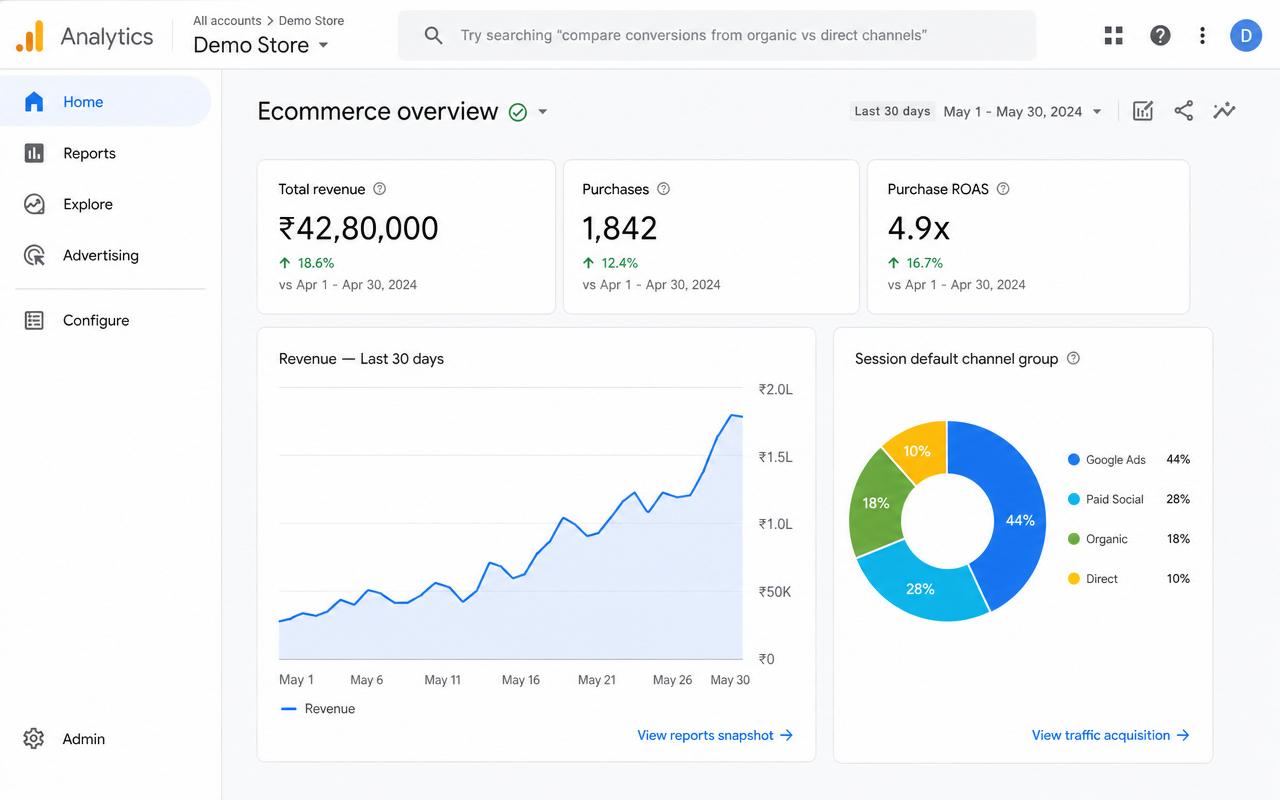 GA4 Attribution dashboard — Model: DDA for D2C brand · India