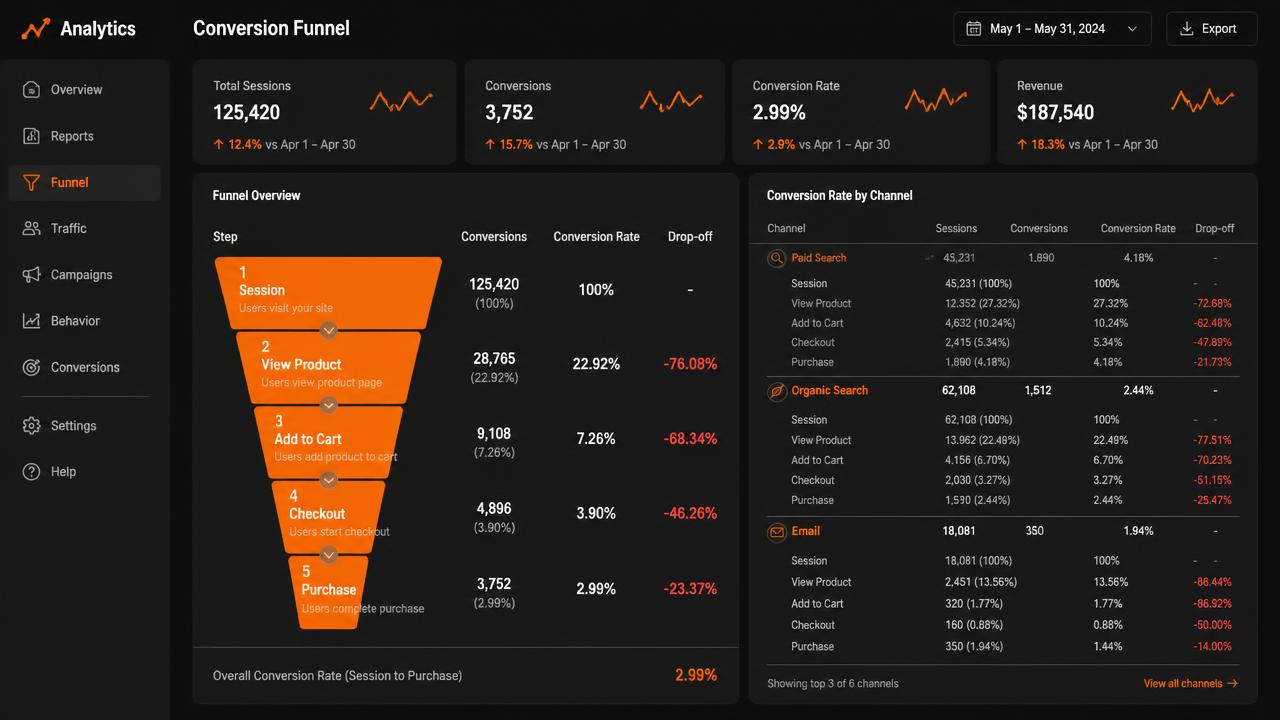 GA4 conversion funnel report for a Patna D2C brand across paid, organic and email