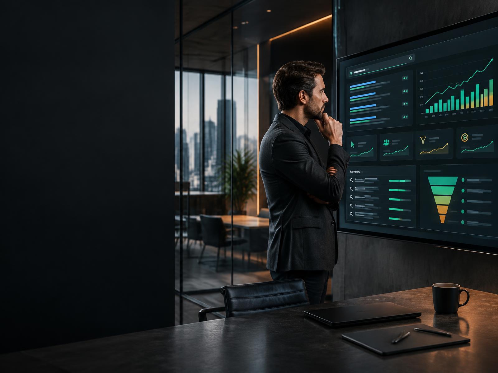 Consultant reviewing a paid-search lead acquisition dashboard