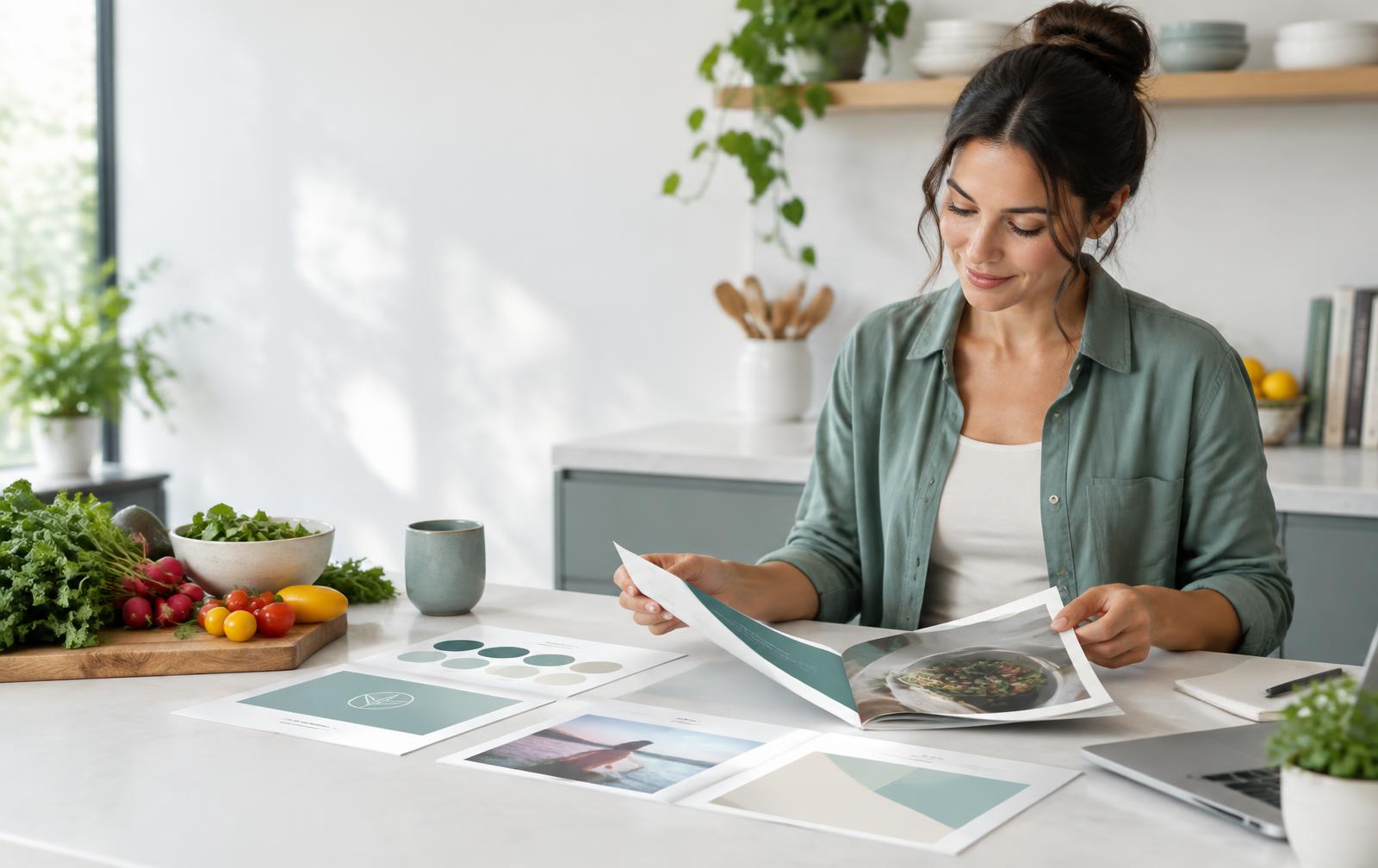 Health coach reviewing a brand guide and programme brochure in a bright studio kitchen