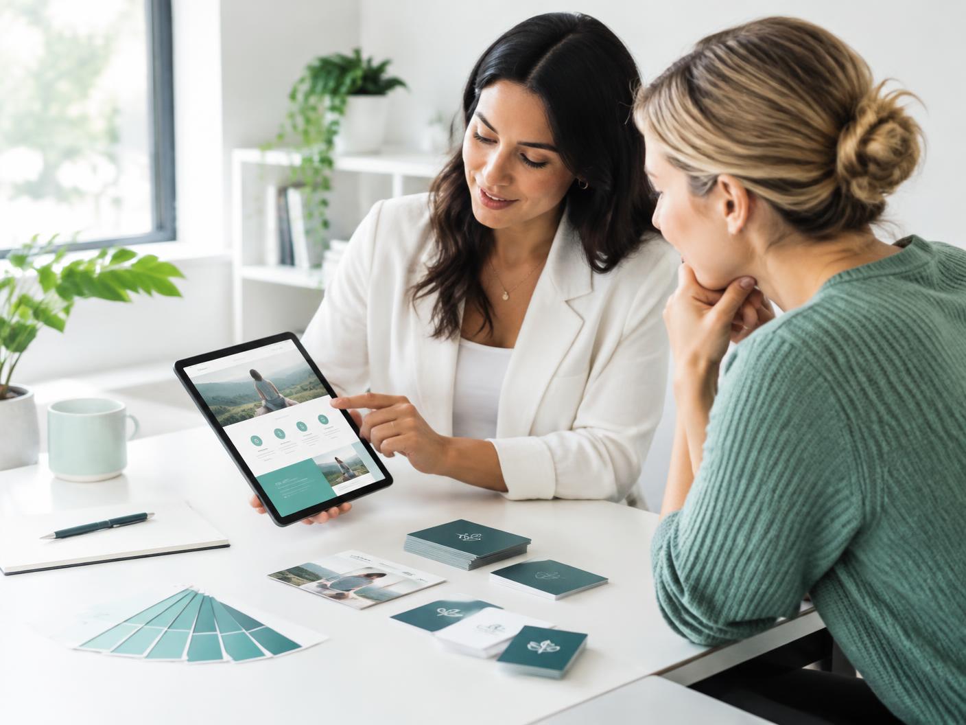 Brand strategist and health coach reviewing a programme page and credential presentation