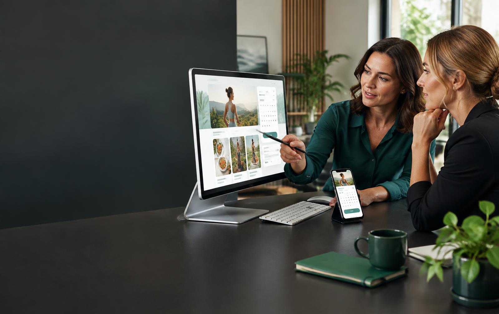 Health coach and strategist reviewing a consultation-focused website across desktop and mobile