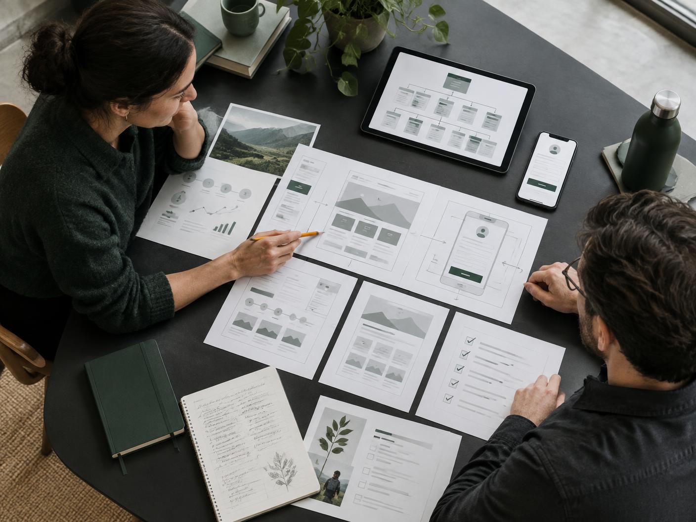 Health coach and website strategist mapping program pages, trust signals and consultation flow