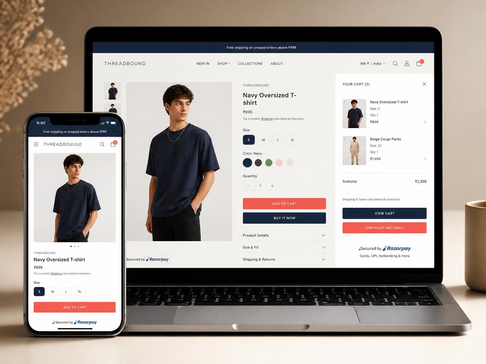 Shopify D2C store product detail page shown on iPhone and MacBook with Razorpay checkout — built by TRAFIXEL