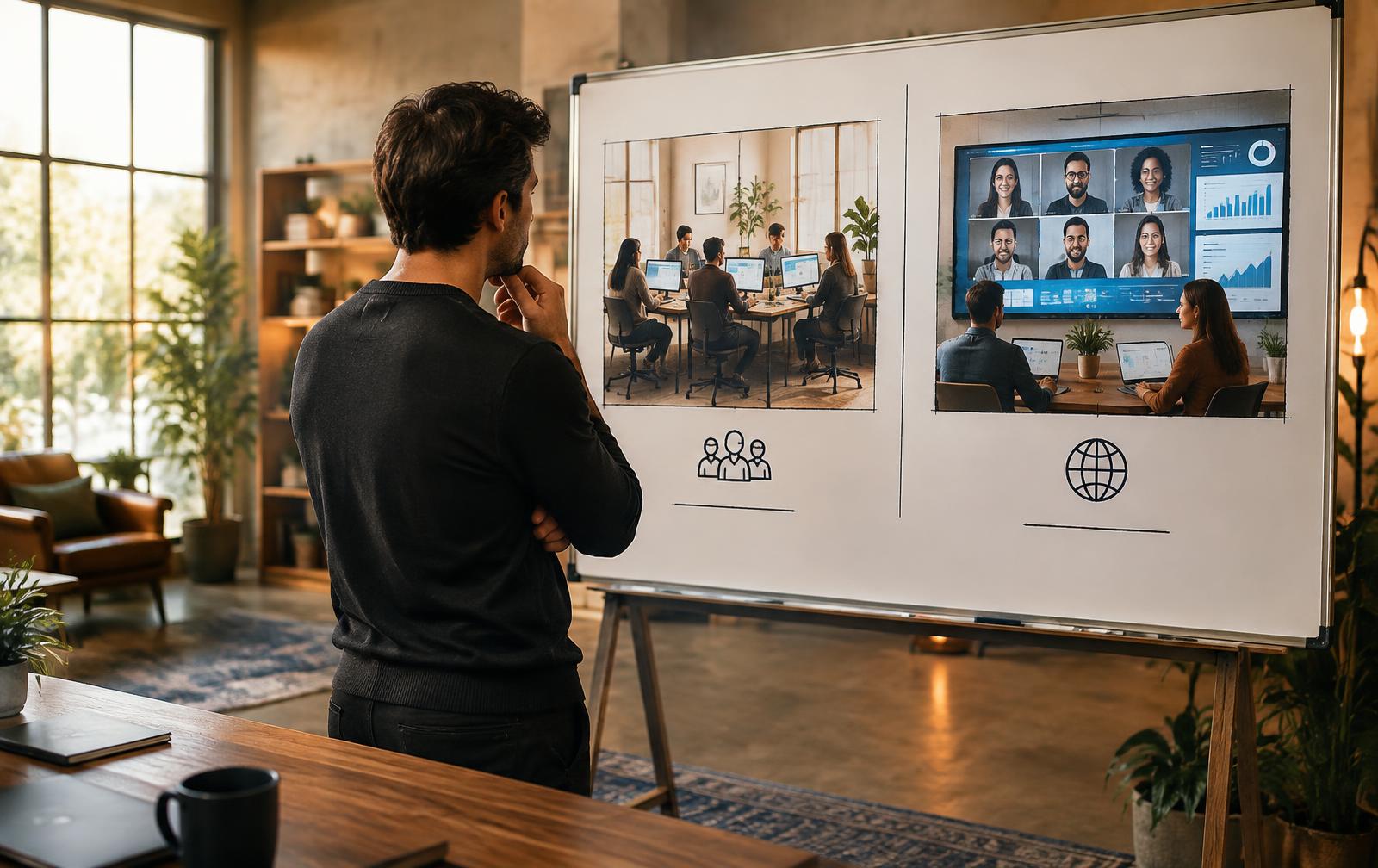 Coaching business founder comparing an in-house marketing team with an agency team on a whiteboard