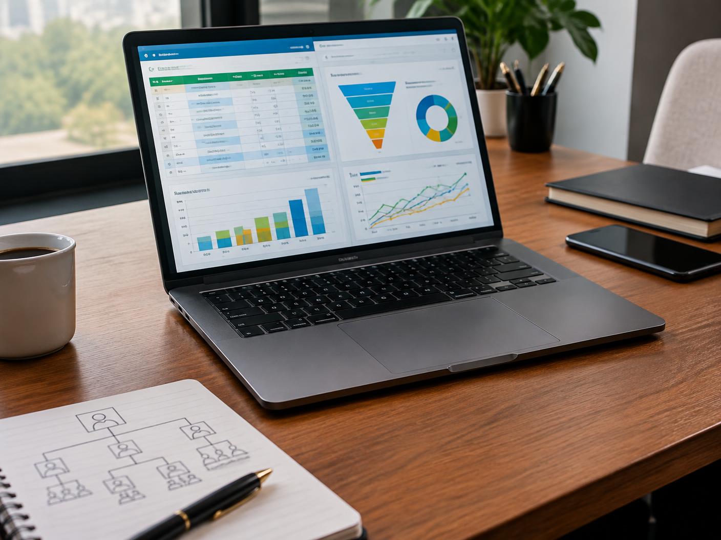 Laptop showing a marketing cost comparison and pipeline dashboard beside a team org chart