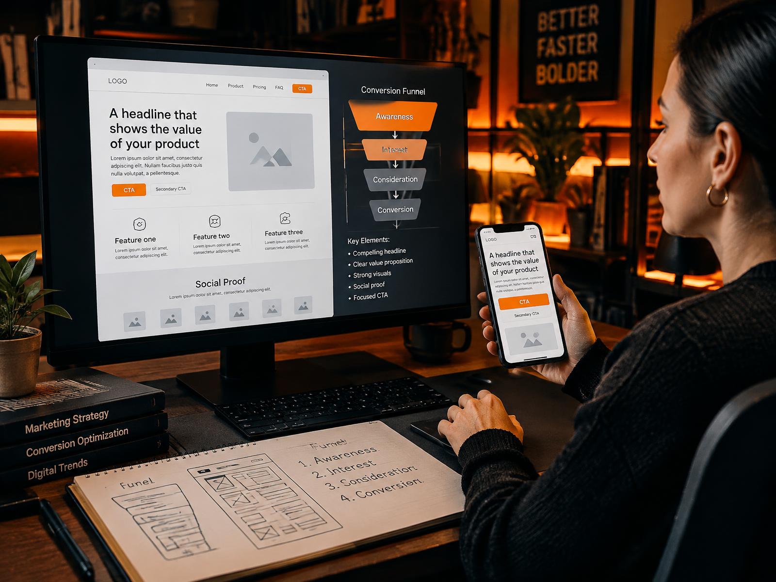 Strategist reviewing a landing page wireframe on desktop and mobile beside a conversion funnel