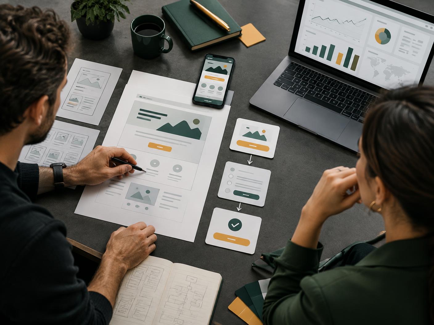 Coach and conversion strategist mapping a mobile landing-page journey