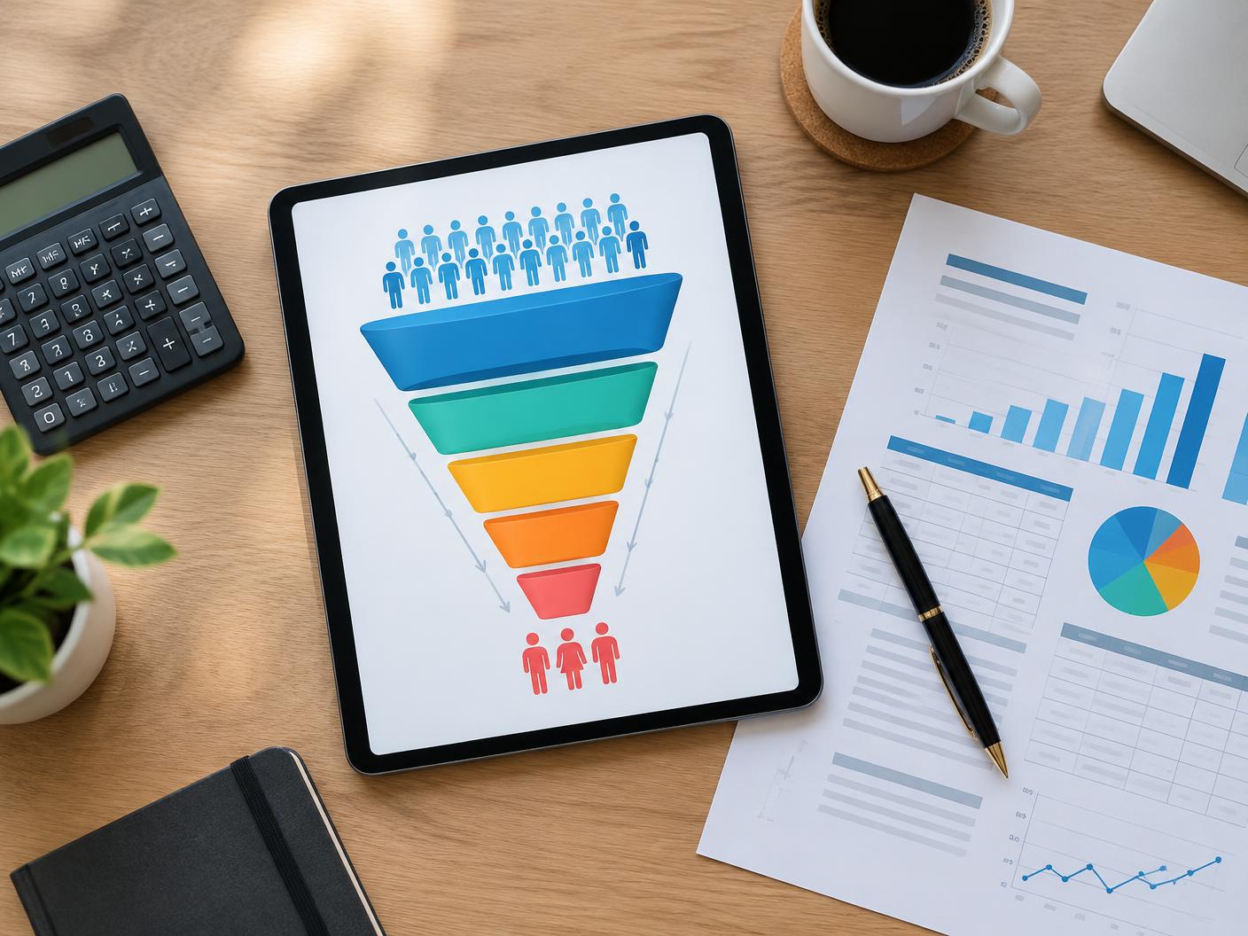 Tablet showing a funnel narrowing from leads to enrolled clients beside a budget plan