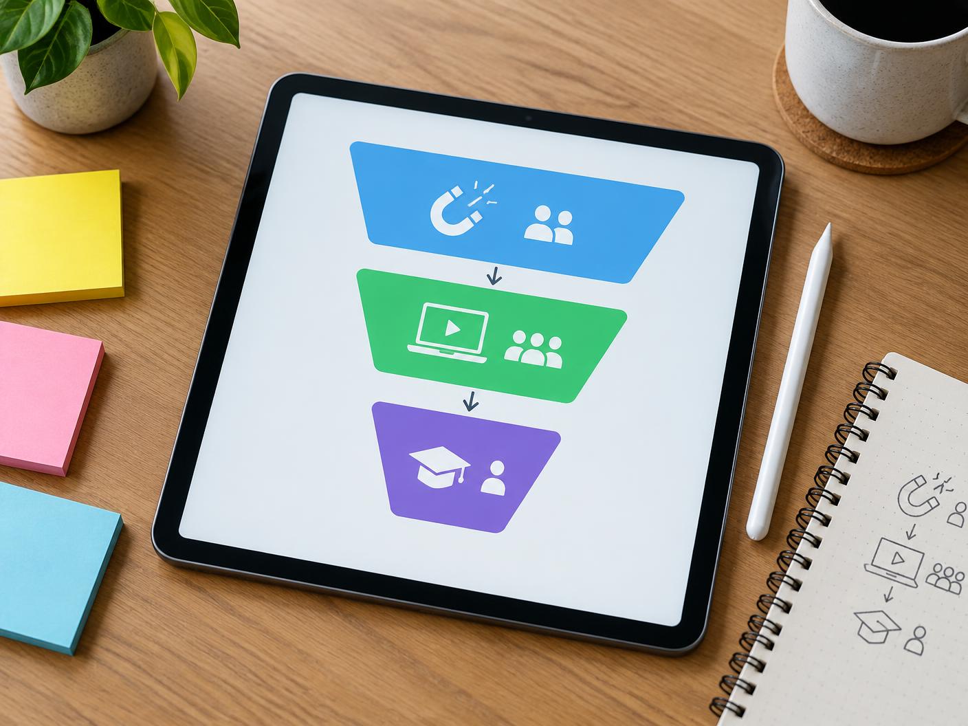 Funnel diagram from lead magnet to webinar to course enrolment on a tablet