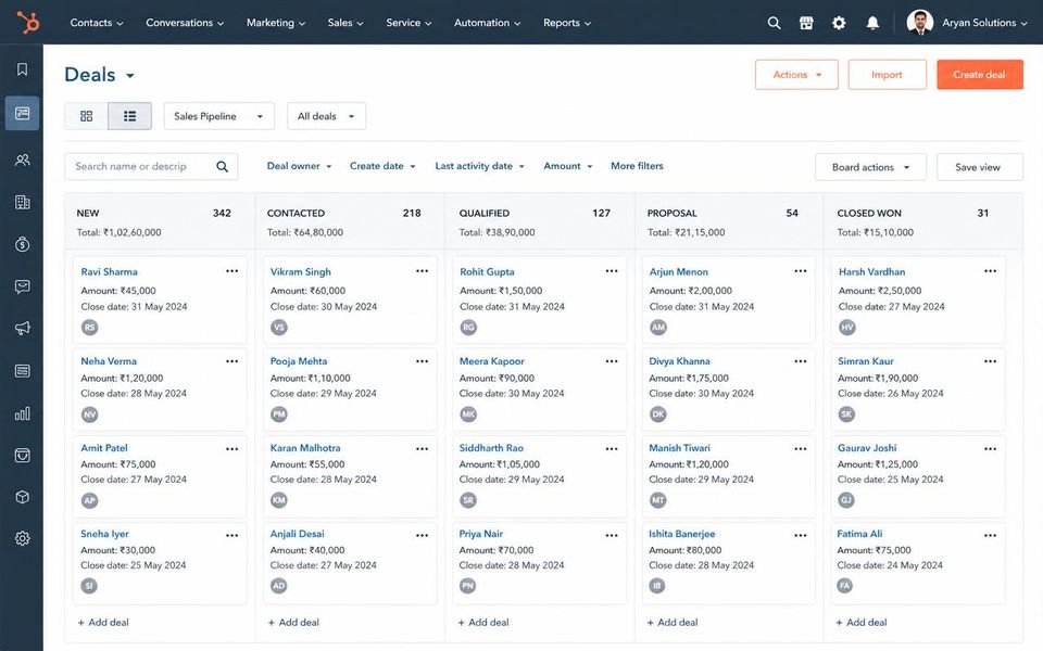 CRM Pipeline lead generation screenshot — Lead → Deal flow, live HubSpot board