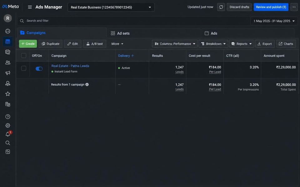 Meta Ads Manager lead generation screenshot — Instant Lead Form — Patna Real Estate