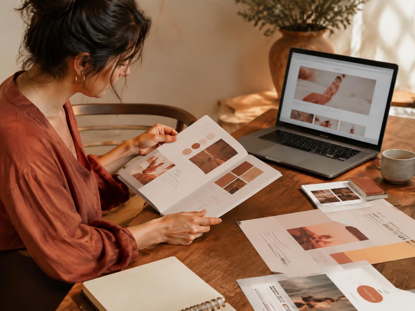 Brand strategist and life coach reviewing brand guidelines and landing page drafts
