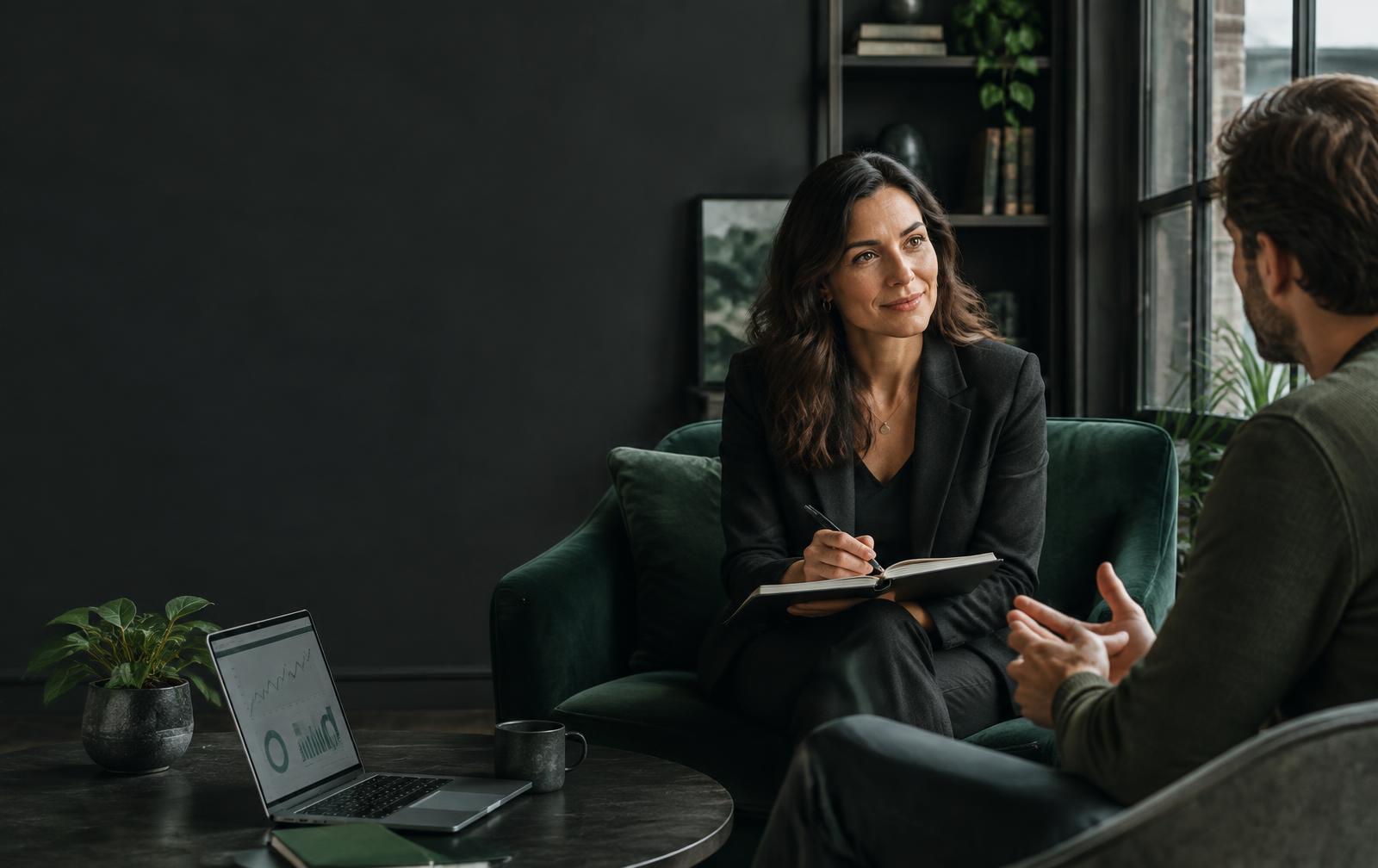 Life coach in a focused consultation with a prospective client