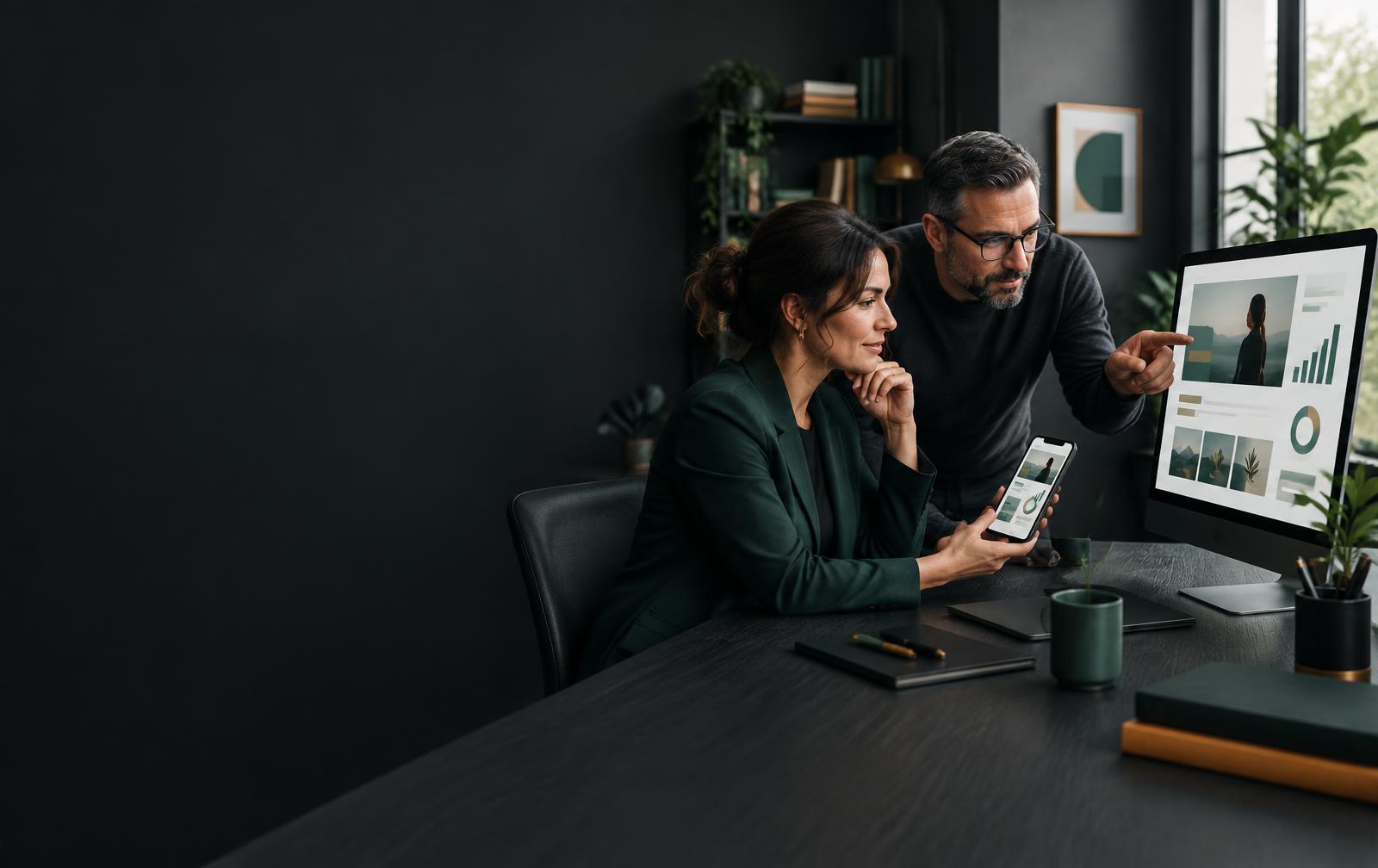Life coach and strategist reviewing a website on desktop and mobile