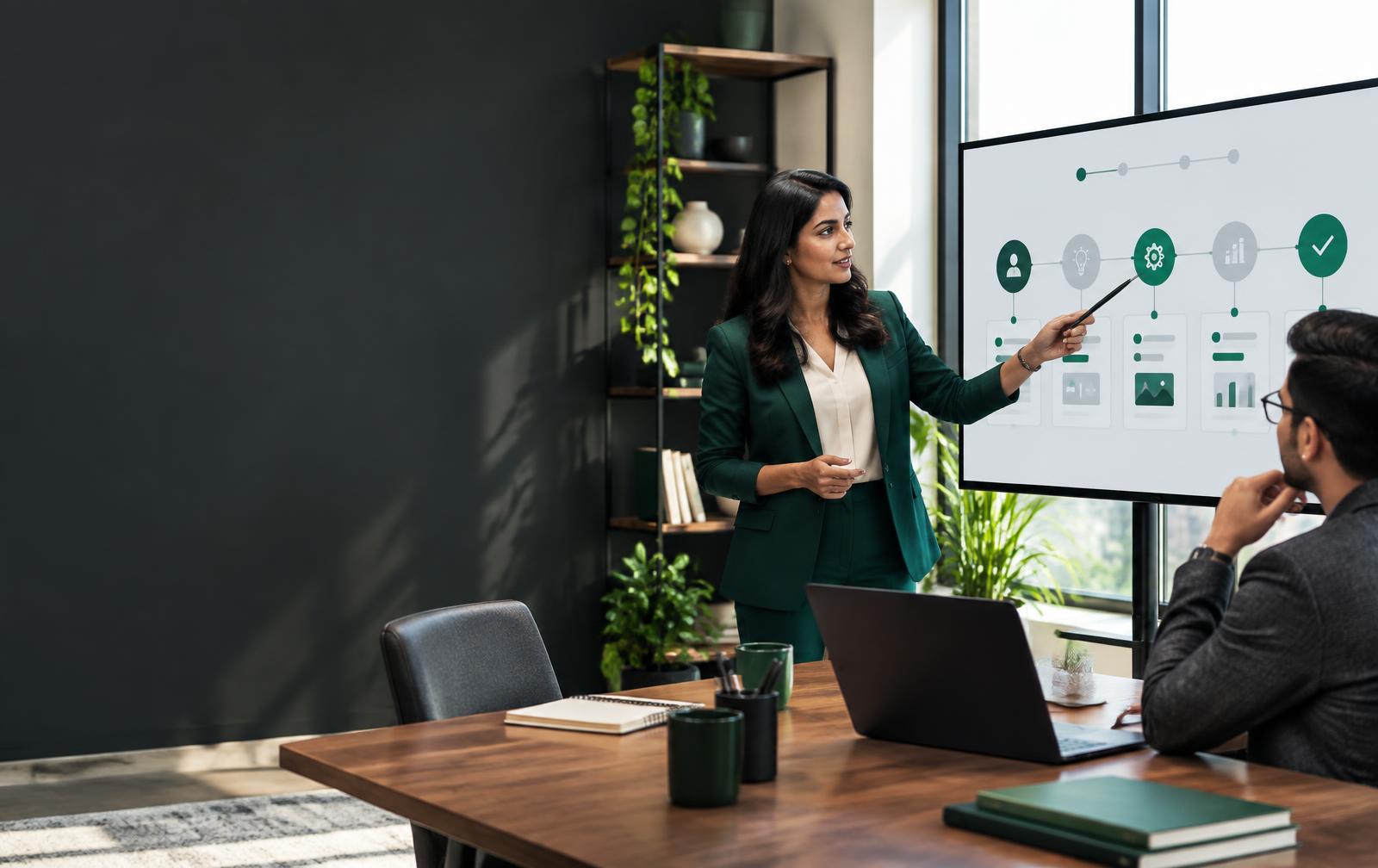 Coach and strategist reviewing a connected lifecycle automation workflow