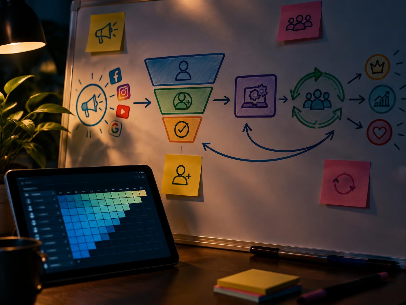 Whiteboard membership funnel from ads to trial, onboarding and retention beside a cohort retention chart