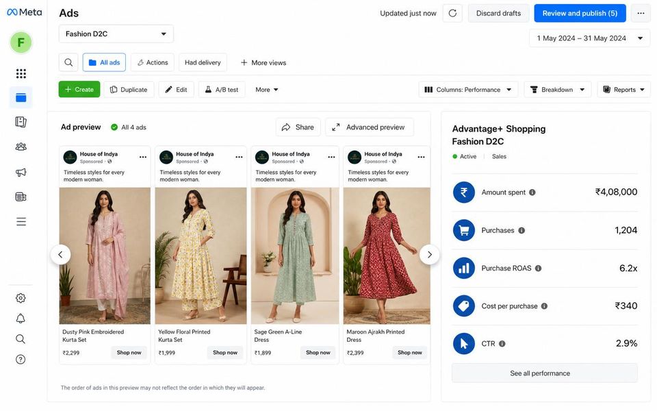 Meta Advantage+ Shopping campaign screenshot — Fashion D2C — Kurta & Dress Catalog