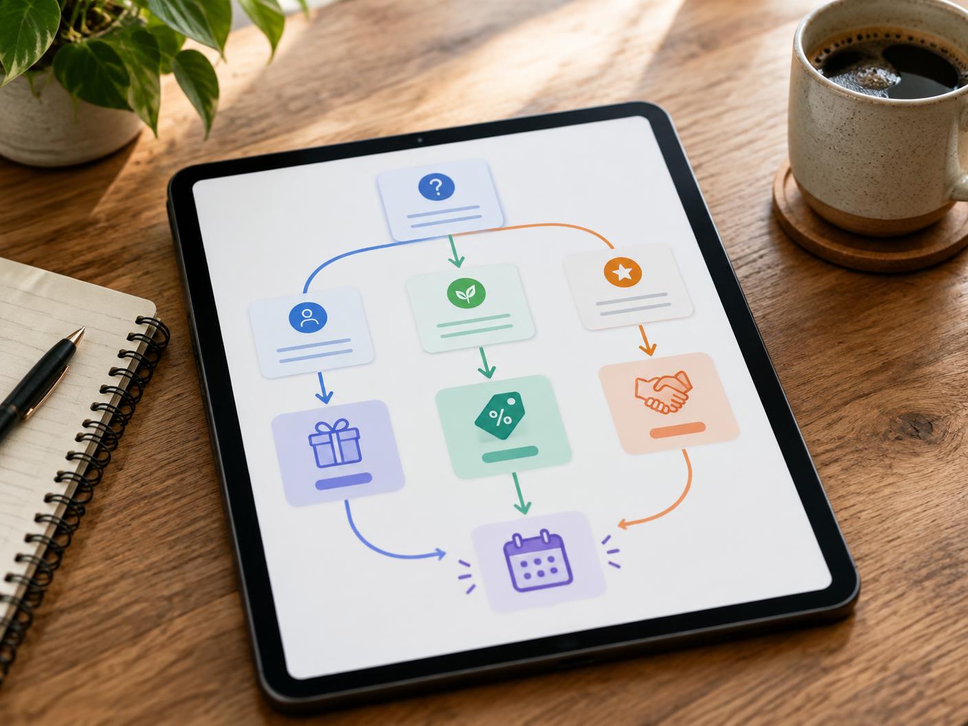 Quiz funnel diagram branching respondents into three result paths, offers and a booked call