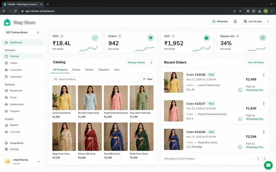 WhatsApp Commerce screenshot — In-Chat Catalog + WhatsApp Pay — Fashion D2C