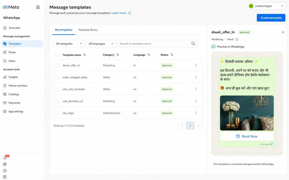 Meta Message Templates screenshot — Approved Template Library — Marketing + Utility